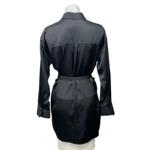 Abercrombie & Fitch Black Satin Long Sleeve Belted Button Down Shirt Dress Sz S thumbnail 3