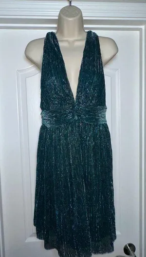 NWT Crystal Sky Deep V-neck Pleated Sparkle Iridescent Women’s Cocktail Dress LG thumbnail 2