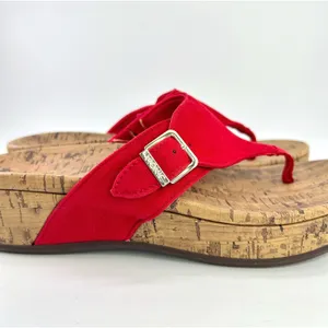 Vionic Orthaheel Marbella Red Textile Thong Buckle Cork Wedge Sandals 8W Coastal thumbnail 10