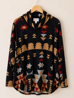 LuLaRoe Black Geometric Aztec Print Boho Oversized Drop Shoulder Knit Turtleneck thumbnail 4