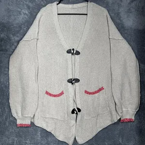 SHEIN Cardigan Womens‎ L Beige Toggle Button Oversized Chunky Knit Split Back thumbnail 1