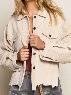 POL Cream Corduroy Button Up Jacket Raw Hem Size Medium Shacket thumbnail 1