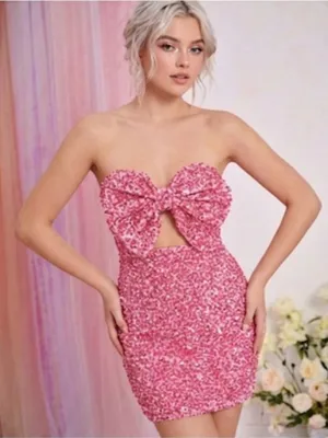 Faeriesty Pink Sequined Strapless Mini Dress Bow Peekaboo thumbnail 1