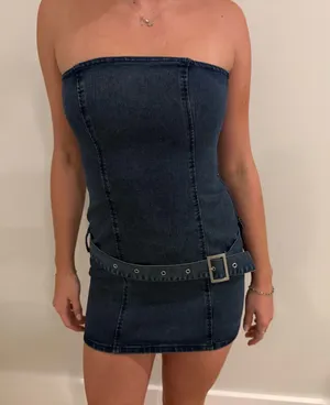 superdown Strapless Dark Denim Mini Dress with Belt Accent thumbnail 1