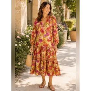 Current Air Los Angeles Floral Tiered Midi Dress Yellow Pink V-Neck Size‎ L thumbnail 2