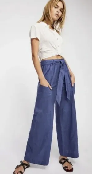 Free People Bluebell Belted Wide Leg Pants Linen‎ Blend Size XS thumbnail 1