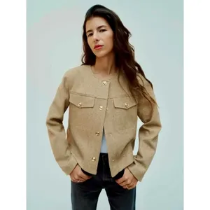 ZARA Cropped Jacket Light Brown Tan Gold Hammered Snaps Preppy Chic Small thumbnail 4