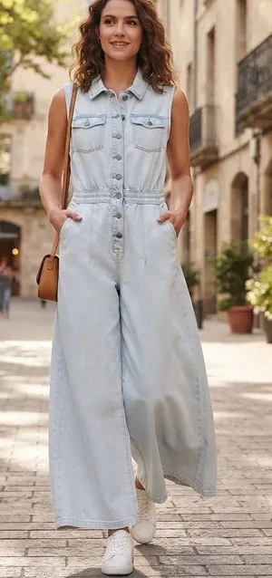 Womens 8/29 Habitual Light Wash Denim Sleeveless Wide-Leg Jumpsuit/Romper thumbnail 1