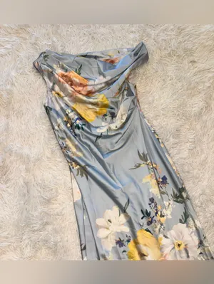 NEW After Six Liv Floral Print One-Shoulder Blue Mist Multi Gown Sz M thumbnail 5