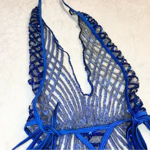 Brazilian Blue Sequin Sheer Plunge One-Piece Thong Side Tie Swimwear Size Small thumbnail 11
