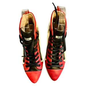 Miu Miu Prada Red White & Black Pointed Toe High Top Nappa Biker Sneakers thumbnail 3