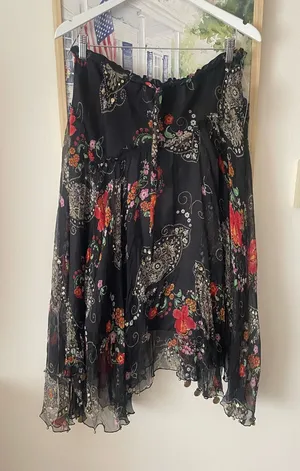 WD NY Vintage 90s 100% Silk Paisley Sequin Coin Handkerchief Midi Skirt US 10 thumbnail 1