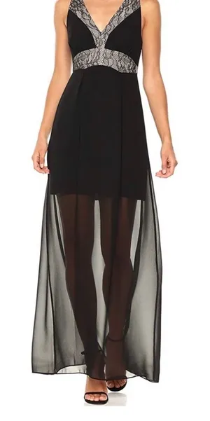BCBGeneration Black Lace Trim T-Strap Back Chiffon Maxi Dress Size 4 thumbnail 1