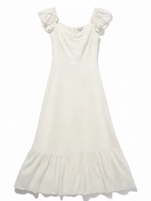 Reformation Ivory Midi Dress Puff Sleeve Ruffle Hem Size 8 thumbnail 3