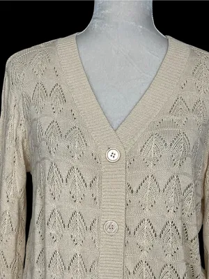 Cream Open Knit Cardigan Sweater Women’s Size S Bubble Sleeves thumbnail 2