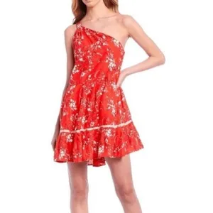 FREE PEOPLE All Mine Red Floral One Shoulder Ruffle Hem Mini Dress Size XS thumbnail 13