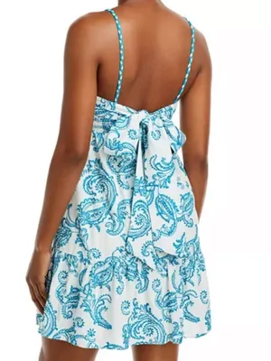 Alice + Olivia Khira Embroidered Mini Dress Bow Back Ivory Turquoise Size 8 Flaw thumbnail 3