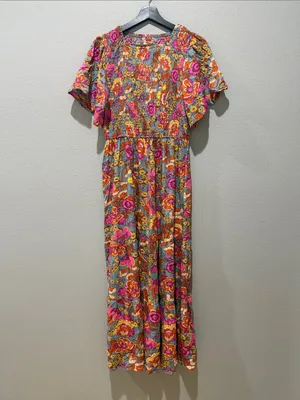 Bright Fushia Floral Print Short Sleeve Smocked Top Tiered Maxi Dress Size L thumbnail 2