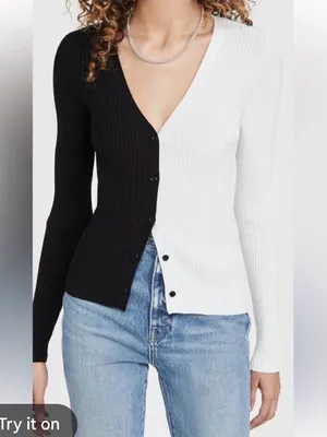 STAUD Two-Tone Ribbed V-Neck Cardigan - Black & Gray thumbnail 4