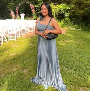 LULU’S Gorgeous Purpose Slate Satin Pleated Sleeveless Bow Maxi Dress thumbnail 7