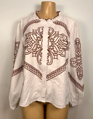 &Merci Embroidered Womens Top Blouse Sz M 100% Cotton White/Brown Puff Sleeves thumbnail 1