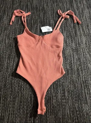 Forever 21 Knit Bodysuit Bow New Coral Pink Size Small NEW thumbnail 1