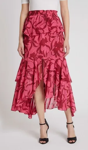 MISA Los Angeles Kalani Skirt Graphic Floral Pink Red Midi Skirt Small thumbnail 1