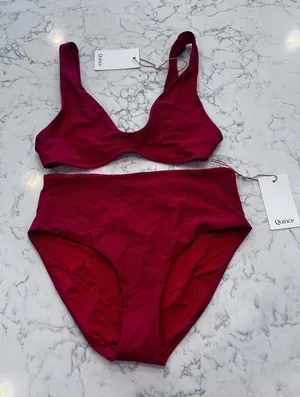 NWT Quince Cherry Red Italian Plunge Bikini Top & High Rise Bottom Set Small thumbnail 1
