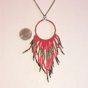 Beaded Boho Fringe Hoop Necklace - Red and Bronze thumbnail 3