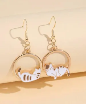 NEW Cat dangle drop hoop earrings, white and gold cat earrings, cat jewelry, cat lover gift thumbnail 1