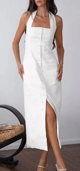 CoMMENSE Tied Halter Open Back Cotton Linen Midi Dress White Large NWT Sold Out thumbnail 1