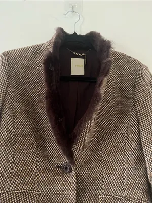Brown Wool Tweed Blazer Fur Collar Medium Preppy Academia Equestrian Old Money thumbnail 5