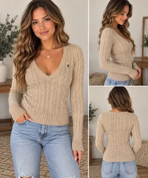Vintage Y2K American Eagle Tan Cable Knit V-Neck Sweater Small Wool Blend Preppy thumbnail 2