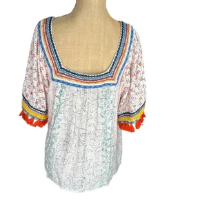 Maeve Embroidered‎ Tassel Square Neck Boho Blouse Bohemian Festival Artistic Medium thumbnail 6