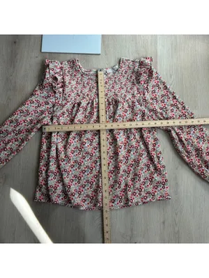 Loft EUC Women's Red Yellow Floral Smocked Ruffle Shoulder Knit Blouse Size L thumbnail 9