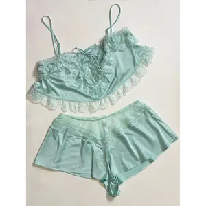 ANTHROPOLOGIE Two Piece Set Crop Lace Ruffle Cami Short Mint Green Lacey Medium thumbnail 2