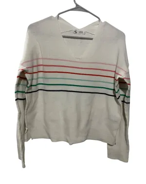 Carve Designs Womens Organic Cotton‎ V-Neck Striped Sweater Cream Multi Large thumbnail 1