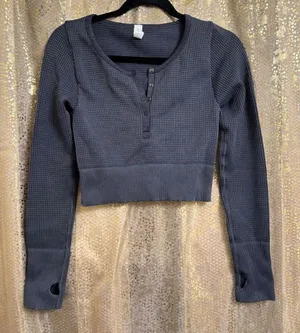 Aerie OFFLINE Main Squeeze Blue Gray Seamless Cropped Waffle Henley Top‎ Medium thumbnail 1