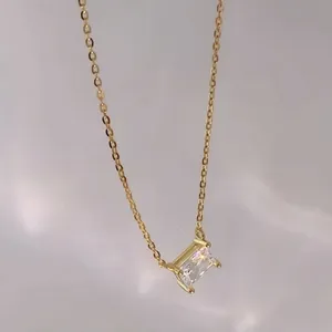 NEW Minimalist Gold Necklace with Simulated‎ Diamond Emerald Cut Pendant, 16-18” thumbnail 4