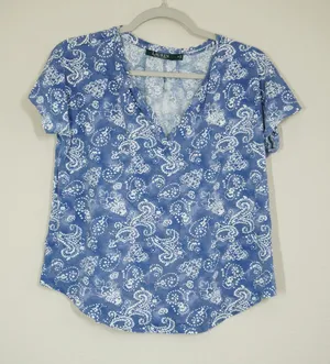 Lauren Ralph Lauren Women's Size Medium Blue Paisley Cotton Split V-Neck Tee thumbnail 1