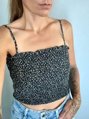 PaperMoon Black Ditsy Floral Smocked Cami Crop Top • Sz M thumbnail 1