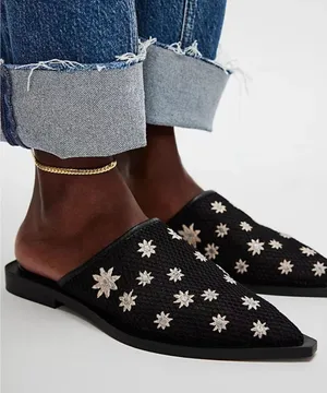 Free People Becky Daisy Embroidered Mules in Black 9 thumbnail 1