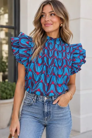 Oliphant Pintuck Blue and Burgundy Floral Ruffle-Sleeve Blouse large thumbnail 1