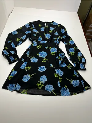 Free People Samantha Lace Up Mini Dress Black Floral Blue Combo Womens Large thumbnail 3