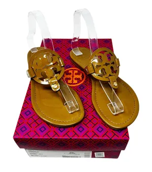 TORY BURCH Tan Caramel Patent Leather Miller Classic Designer Logo Sandals Sz 7 thumbnail 1