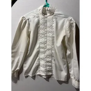Rhapsody Womens Cream Lace Trim Mock Neck Puff Sleeve Blouse Top Made in‎ USA thumbnail 3