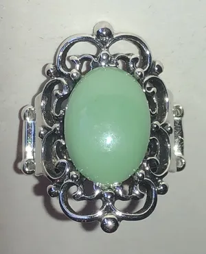 Green Oval Cabochon Silver Tone Filigree Statement Ring thumbnail 1