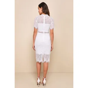 NWT Lulus Remarkable White Sheer Lace Short Sleeve Midi Dress Sheath Classy Sz S thumbnail 3