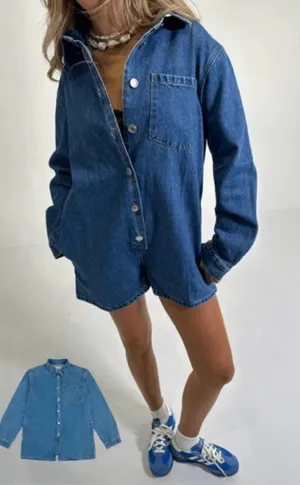 PARKE denim romper long sleeve button up playsuit collar patch dark wash thumbnail 1