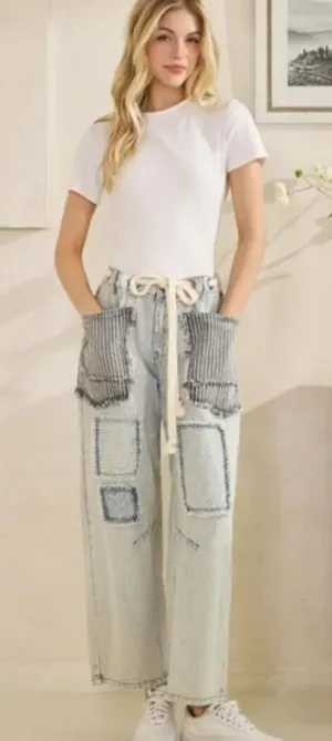 Oli & Hali Light Wash Patchwork Cropped Wide-Leg Jeans XL thumbnail 1